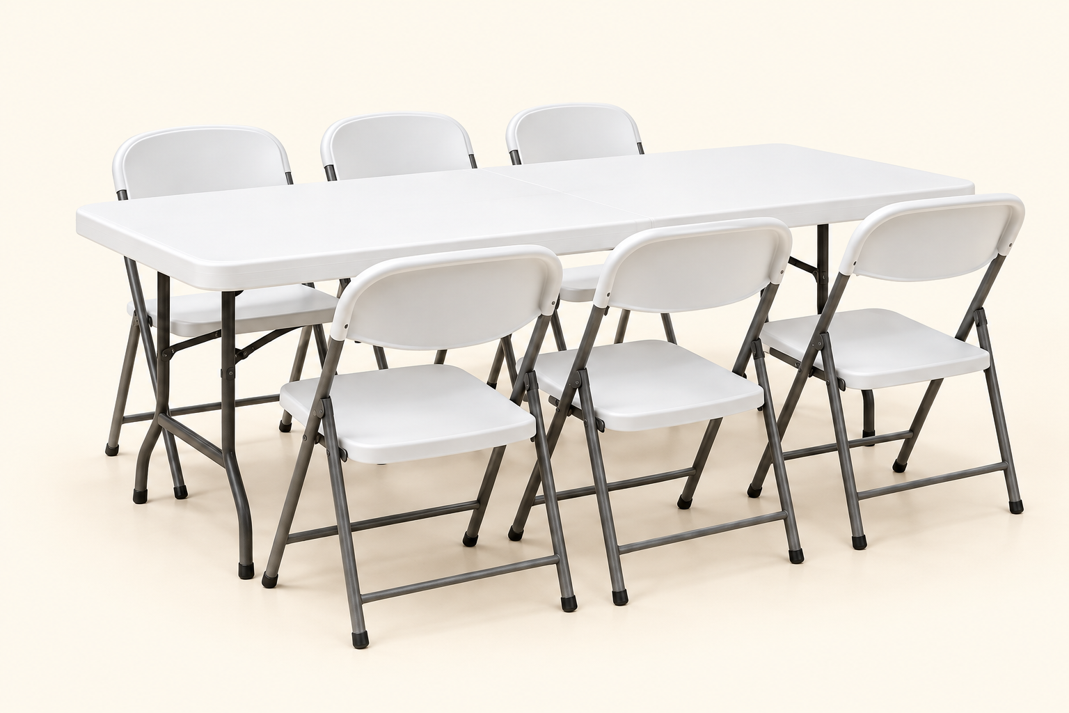 White folding chairs around a six-foot folding table