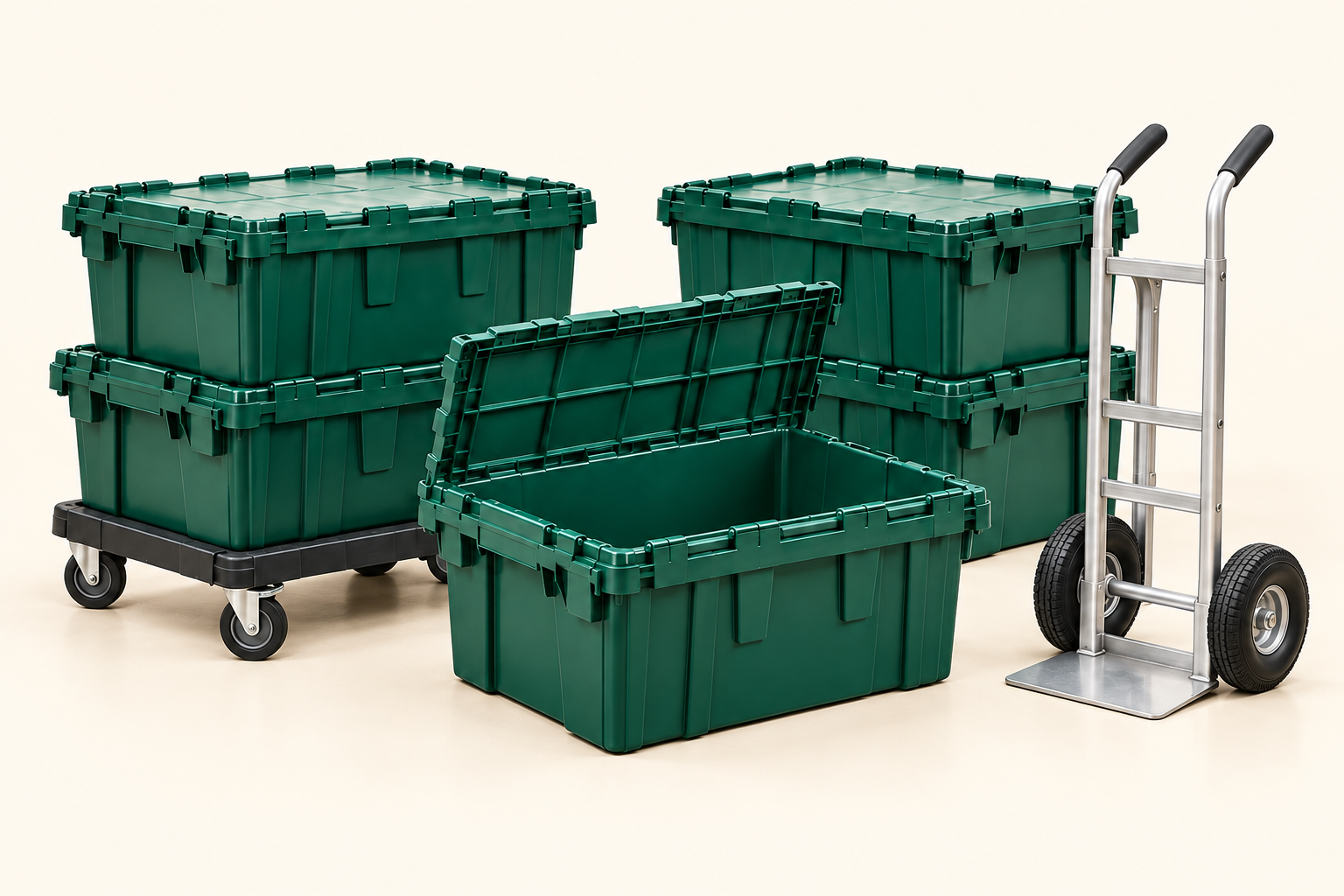 Reusable green moving totes with a dolly and hand truck